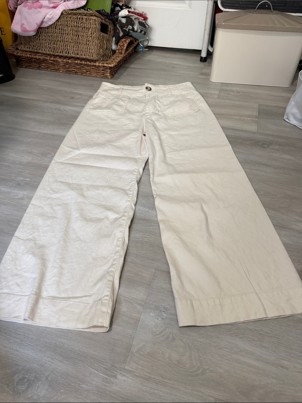 Anthropologie Maeve Cream Wide-Leg Flare linen pants